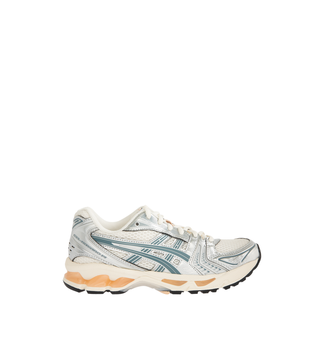 Image 1 of 5 - SILVER - Asics GEL-Kayano 14 Sneakers are lace-up style with rip-stop underlays, GEL cushioning, and TRUSSTIC support system. Unisex style in men's sizing.