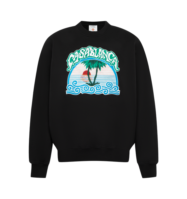 Image 1 of 2 - BLACK - CASABLANCA Embroidered Cotton Sweatshirt featuring embroidered graphic to the front, crew neck, long sleeves, ribbed cuffs and straight hem. 100% cotton.