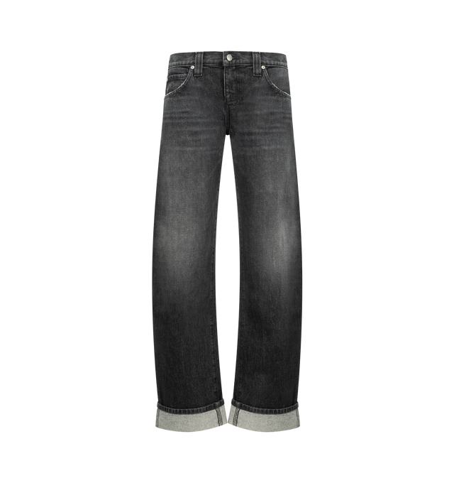Image 1 of 3 - GREY - KHAITE Karo Jean featuring a cuffed, low-rise style inspired by mid-century men's workwear, sits low on the hip, curved seams that create a bowed silhouette and an embossed button of antiqued nickel. 100% cotton.
