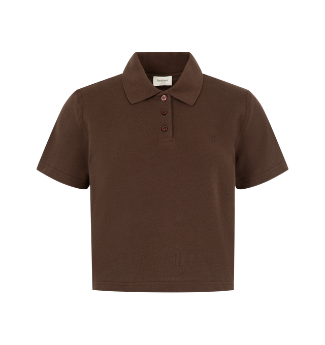 Image 1 of 2 - BROWN - Saint Laurent Women's Cropped Polo Shirt featuring short-sleeves, a tonal logo embroidery at the chest, three-button placket and polo collar. 100% cotton. Made in France.
