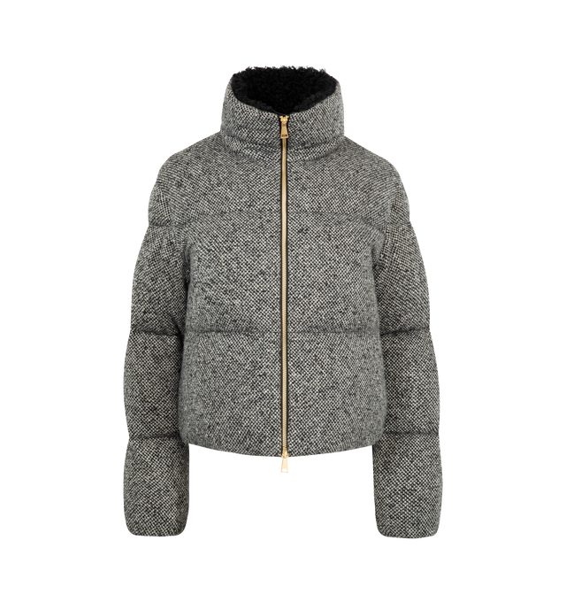 Image 1 of 3 - GREY - MONCLER Careil Wool Boucl Short Down Jacket featuring boucl wool, longue saison lining, down-filled, collar with teddy lining, zipper closure, zipped pockets and leather logo patch. 60% wool, 20% lyocell, 20% polyamide/nylon. Lining: 100% polyamide/nylon. Padding: 90% down, 10% feather.