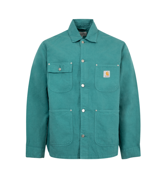 Image 1 of 2 - GREEN - CARHARTT WIP Walter Chore Coat featuring unlined, midweight cotton-linen canvas, garment-dyed, triple-stitched, bartack stitching or rivets at vital stress points, front closure with branded buttons, four front pockets, one of which features a flap and button closure, a woven Square Label, inside chest pocket and adjustable cuffs and waist. 58% cotton, 42% linen.
