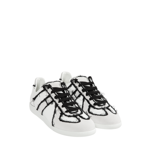 Image 2 of 5 - WHITE - MAISON MARGIELA Replica Sneaker featuring smooth calf leather, distressed embroidery threads that trace the outline of each seam, lace up closure and white stitch appears at the back.? 100% calf leather. Sole: 100% rubber.