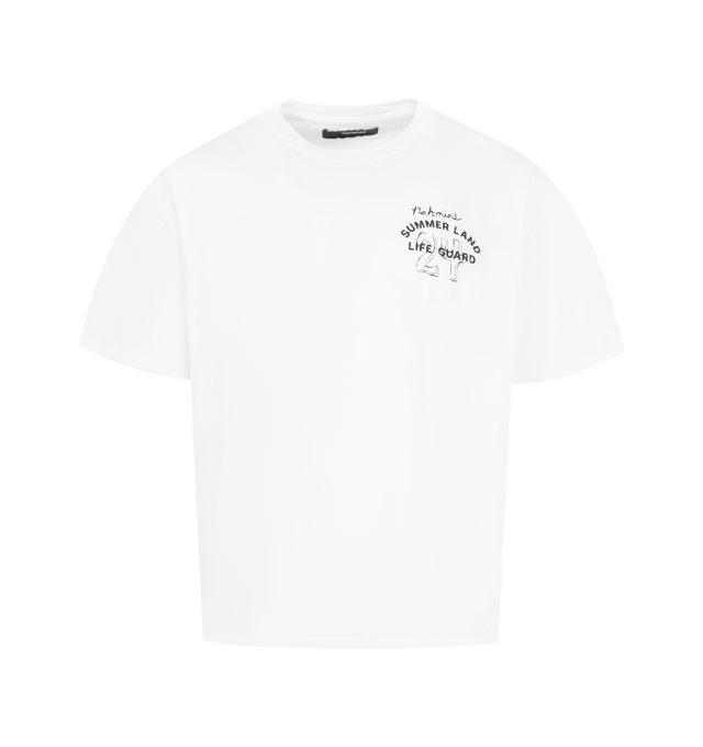 Image 1 of 2 - WHITE - NAHMIAS Life Guard Script Boxy T-shirt featuring short sleeves, crew neck, dropped shoulders and graphic on front and back. 100% cotton.