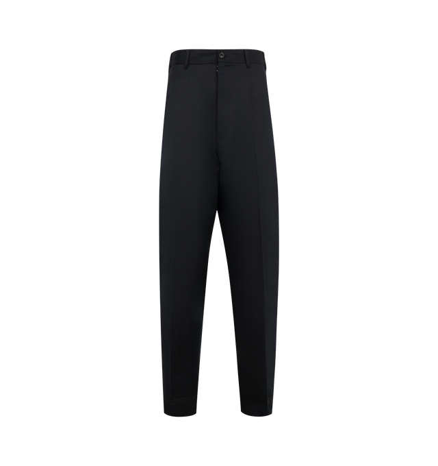 Image 1 of 3 - BLACK - MAISON MARGIELA Woven Trousers featuring regular waist, wide leg, belt loops, front pleats, horn button closure, Maison Margiela hook, side pockets and four stitches at the back. 51% linen, 49% wool. Lining: 65% polyester, 35% cotton. Made in Italy.