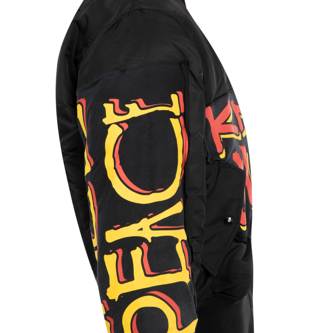 Image 3 of 3 - BLACK - BARRIERS Repurposed MA-65 Bomber featuring zip front closure, ribbed collar, hem and cuffs and graphics throughout.