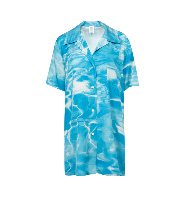 Image 1 of 2 - BLUE - ROSIE ASSOULIN Hawaii R-O Blouse featuring spead collar short sleeves, button front closure, front patch pocket and print throughout. 72% cotton, 28% silk. 