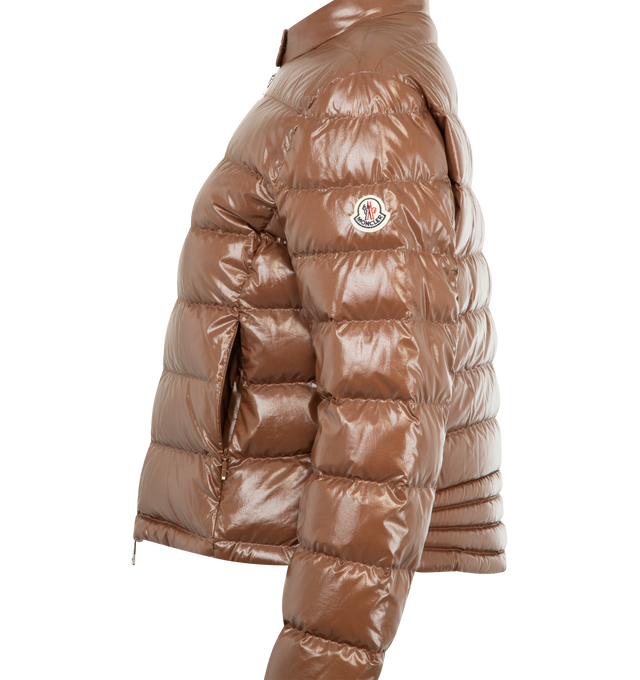 Image 3 of 3 - BROWN - MONCLER Papillon Short Down Jacket featuring longue saison lining, down-filled, zipper closure and welt pockets. 100% polyamide/nylon. Padding: 90% down, 10% feather.
