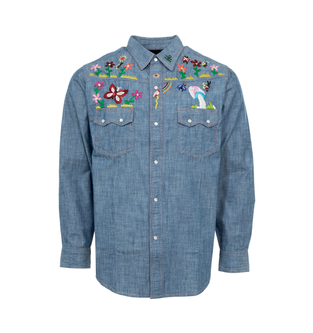 Image 1 of 4 - BLUE - NEEDLES Western Shirt featuring spread collar, press-stud closure, floral graphics embroidered at front and back, flap pockets, shirttail hem, adjustable two-button barrel cuffs and contrast stitching in pink. 100% cotton. Made in India. 