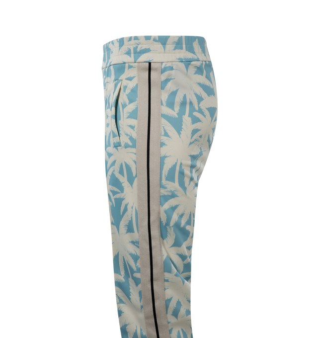 Image 3 of 3 - BLUE - PALM ANGELS Palms Allover Track Pants featuring allover print, elasticized waist, vertical pockets, bands down legs and ankle zippers. 98% polyester, 2% elastane. 