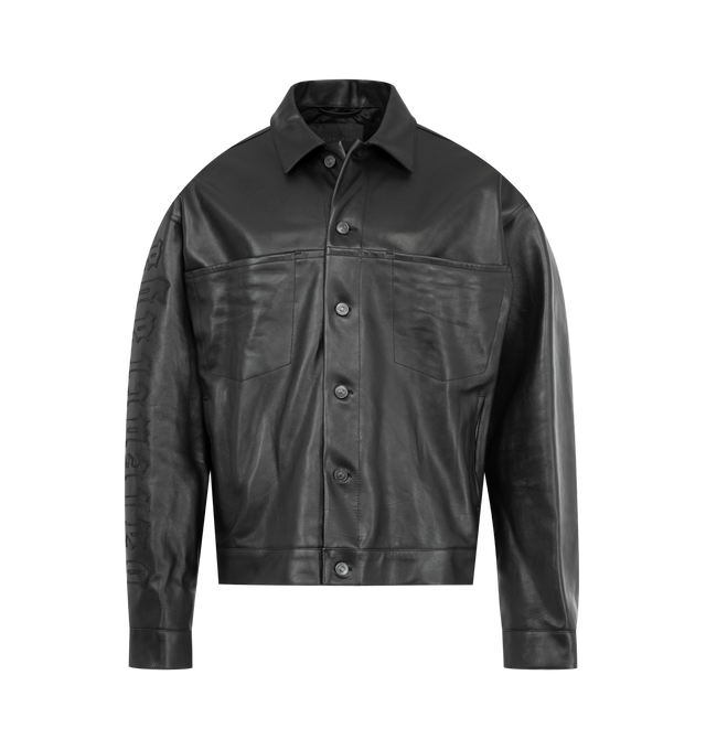 Image 1 of 3 - BLACK - BALENCIAGA Shirt Jacket featuring grainy soft buffalo skin, shirt collar, 6 button front, 2 pockets at chest, 2 slash pockets, buttoned at cuffs, adjustable buttoning at waist and gothic denim artwork embroidered on right sleeve. 100% buffalo. Lining; 100% cupro. Made in Italy.