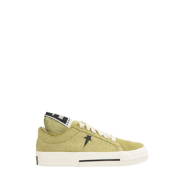 Image 1 of 5 - GREEN - DRKSHDW X CONVERSE Calf Hair Low-Top Sneakers featuring an extra-textured hair-on-hide leather upper with exaggerated width proportions, flat heel, round toe, lace-up vamp, signature DRKSHDW elongated tongue with woven label, custom DRKSHDW Star logo on the side, skateboard One-Star Converse sole, DRKSHDW license plate with pentagram collab logo on the left heel, Converse All-Star logo on the right heel and CX foam cushioned internal midsole.