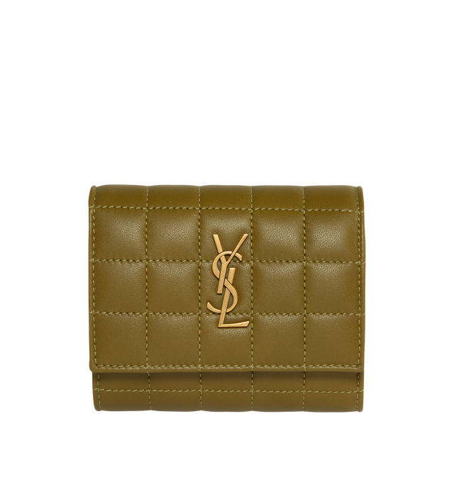 Image 1 of 3 - GREEN - SAINT LAURENT Quilted Leather Wallet featuring signature YSL logo plaque, tri-fold design, gold-tone hardware, internal logo stamp, internal card slots and internal note compartments. 0.98 x 4.52 x 3.14 inches. 100% lambskin.  