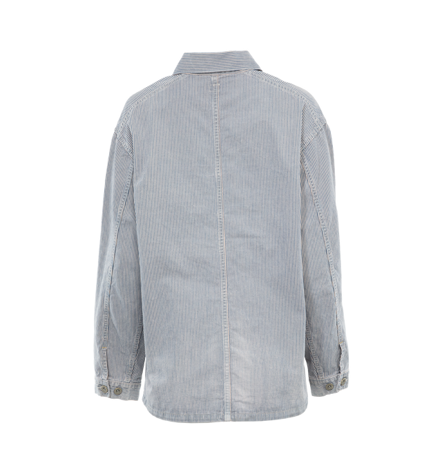 Image 2 of 3 - BLUE - Chimala unisex coverall button-front overshirt features durable construction,  vintage distressed look with metal buttons and front patch pockets. 100% Cotton with striped design. Made in Japan. 