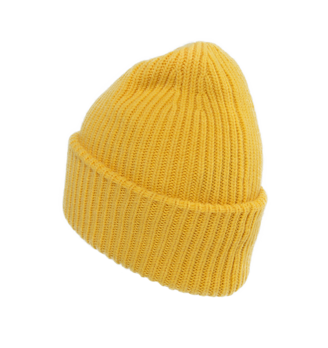 Image 2 of 2 - YELLOW - MONCLER Wool & Cashmere Beanie featuring brioche stitch, Gauge 3 and logo patch. 70% virgin wool, 30% cashmere. 