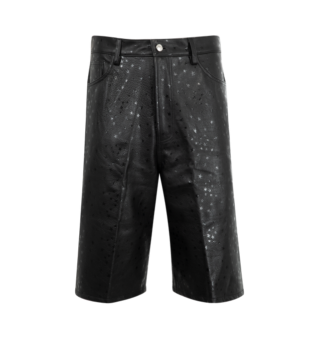 Image 1 of 3 - BLACK - NAHMIAS Leather Star Baggy Carpenter Shorts featuring button closure, hammer loop on back, carpenter pocket on back, logo patch on back and stars motifs all over leather. 100% leather.