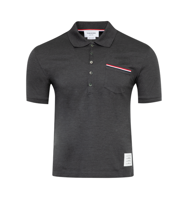 Image 1 of 2 - GREY - THOM BROWNE Pique Polo Shirt has a five-button polo collar, stripe detail chest pocket, grosgrain loop tab, button side vents, and signature nametag. Mercerized cotton.  
