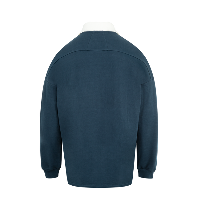 Image 2 of 2 - NAVY - RHUDE Logo Piqu Polo Shirt featuring a relaxed fit, R H U D E logo on the chest, contrasting spread collar, long sleeves and button-front placket. 100% cotton. Made in USA.