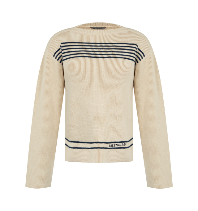 Image 1 of 2 - NEUTRAL - BALENCIAGA Mariniere Boatneck Sweater featuring long sleeves, relaxed fit, boatneck, stripes on front and back and logo on front.