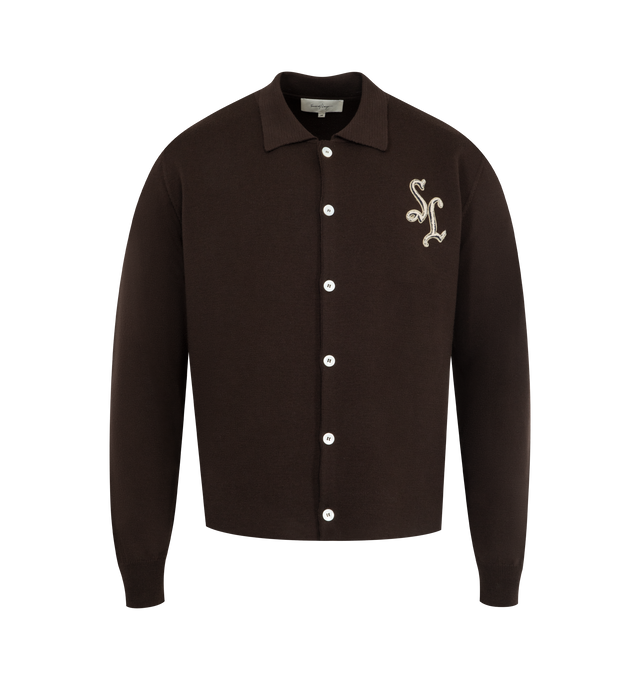 Image 1 of 2 - BROWN - SECOND LAYER Lalo Button Down featuring button down collared knit sweater, ribbed collar and cuffs and classic 2-hole pearl buttons. 100% virgin wool.