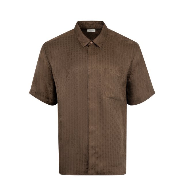 Image 1 of 2 - BROWN - SAINT LAURENT Silk Twill Shirt featuring short-sleeves, pointed collar, chest pocket and concealed front button closure. 100% silk. Made in Italy.