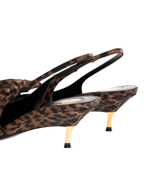 Image 3 of 4 - BROWN - SAINT LAURENT Dakota Slingback Pumps featuring a demi-wedge gold-tone kitten heel, elongated pointed toe with a hand-folded square rose, leather sole, round saint laurent-engraved metal plaque on the insole and elasticized slingback strap. Heel height: 5 cm / 1.9 inches. Silk. Made in Italy.