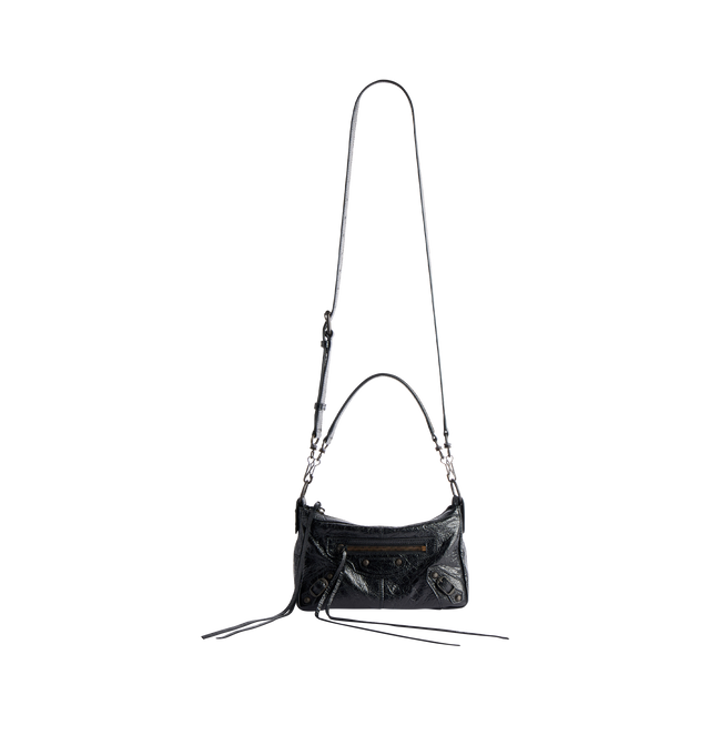 Image 3 of 4 - BLACK - BALENCIAGA Le City Moto Mini Bag in Arena lambskin featuring one removable shoulder strap, adjustable and removable crossbody strap, crossbody and shoulder carry, zipped closure with knotted leather puller, front zipped pocket with knotted leather puller, 1 main compartment, 1 inner zipped pocket and cotton canvas lining. 8.8" x 5.9" x 3.7". Lambskin. Made in Italy.