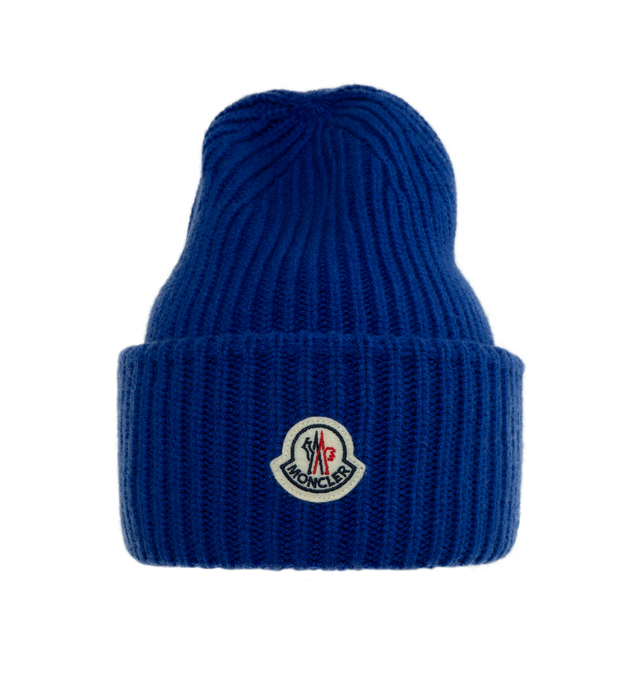 Image 1 of 2 - BLUE - MONCLER Wool & Cashmere Beanie featuring brioche stitch, Gauge 3 and logo patch. 70% virgin wool, 30% cashmere. 