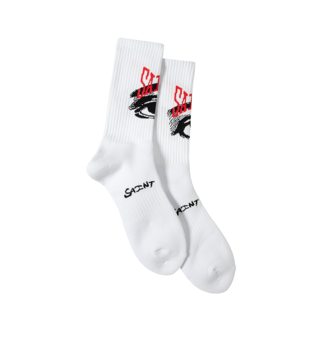 Image 1 of 3 - WHITE - Saint Michael Mens Socks are crafted from a durable cotton-blend knit. Feature ribbed detailing, stitched branding and imagery, and a comfortable stretch fit. Main Material: Cotton, Polyester, Nylon, and Elastane Blend. Made in the USA.