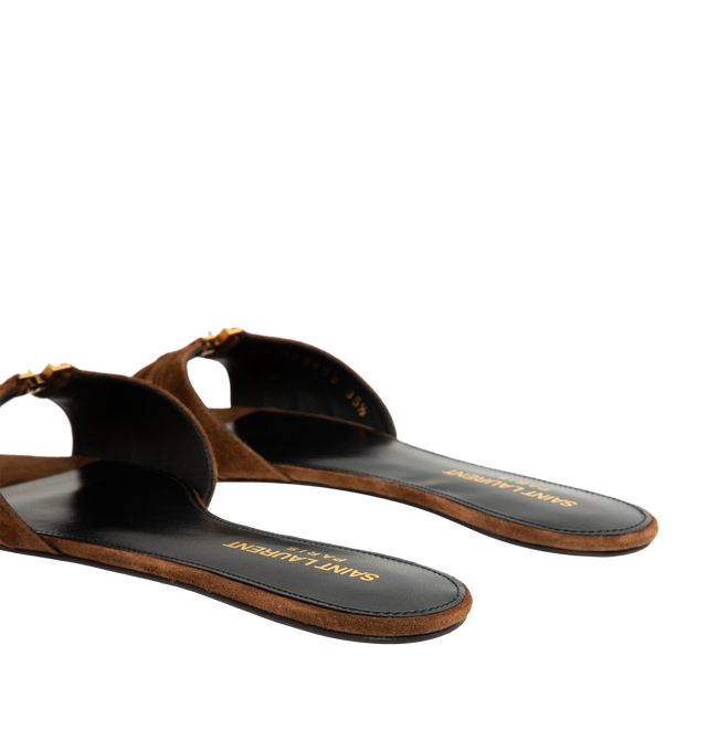 Image 3 of 4 - BROWN - SAINT LAURENT Babylone Slides in suede featuring flat slide sandals, an almond peep toe, gathered upper decorated with the cassandre and leather sole. Calfskin. Made in Italy.