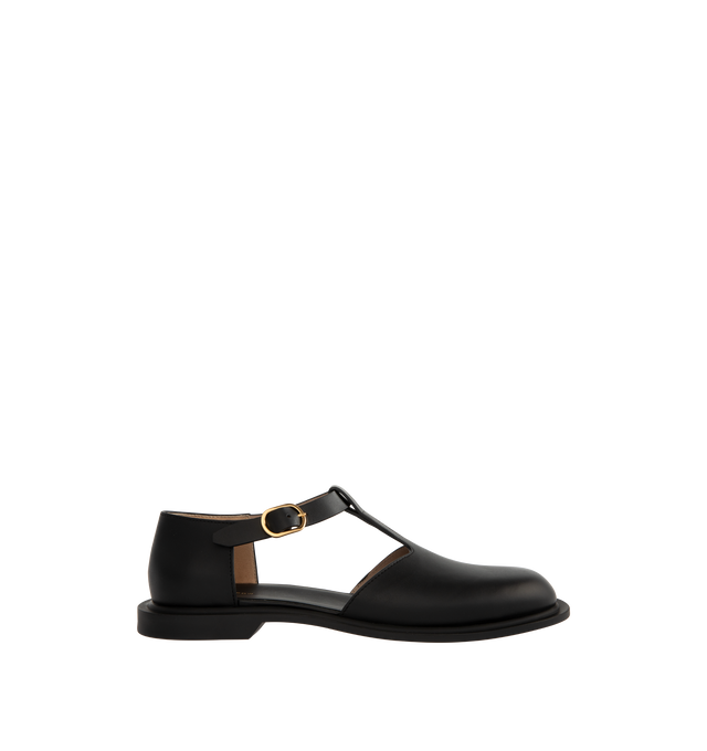 Image 1 of 5 - BLACK - THE ROW Nic T-Strap Flat featuring adjustable buckle closure, t strap and square toe. Leather upper and rubber sole. Made in Italy.
