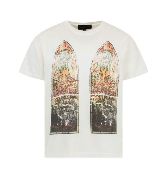 Image 1 of 2 - WHITE - WHO DECIDES WAR Faded Jersey Tee featuring short sleeves, original artwork applied by screen print, boxy and slightly cropped fit. 100% cotton.