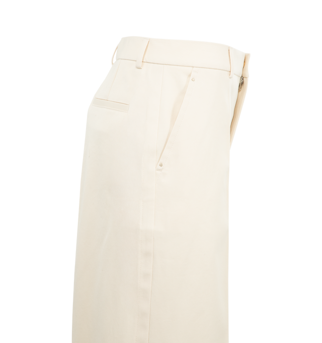 Image 3 of 3 - WHITE - MONCLER Tailored Cotton Gabardine Pants featuring cotton stretch gabardine, zipper and snap button closure, side pockets and back pockets. 98% cotton, 2% elastane/spandex. Made in Hungary.