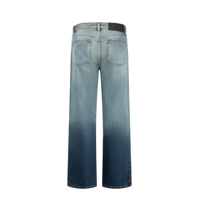 Image 2 of 4 - BLUE - Nahmias Men's High Tide Split Seam Straight Leg Jeans are crafted from 100% cotton denim and feature a straight-leg silhouette with signature split-seam construction. Designed in a medium indigo wash, these designer jeans are finished with a waxed hem that creates a distinctive wet, just-out-of-the-water effect and a Summerland label detail at the split seam. Main Material: 100% Cotton. Fit: Straight Leg. Closure: Button. Details: Waxed Hem, Summerland Label at Split Seam. Care: Profes