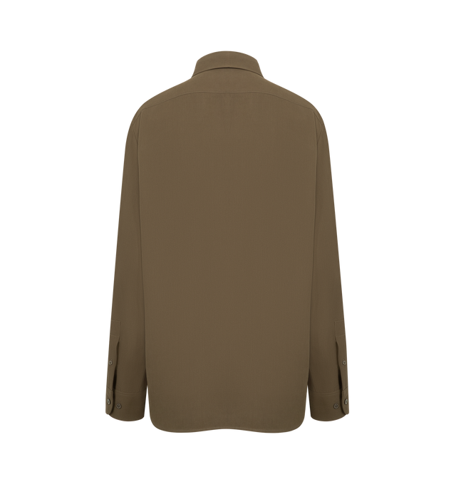 Image 2 of 2 - BROWN - THE ROW Jana Shirt featuring oversized collared shirt in lightweight silk crepe with curved, layered hem, overlayer with metal zip closure and concealed front placket at underlayer with mother-of-pearl buttons. 55% viscose, 45% silk. Made in Italy.