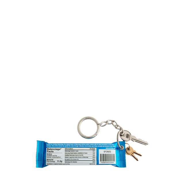 Image 2 of 2 - BLUE - BALENCIAGA Keychain Energy Bar Charm featuring Trompe l'il energy bar design, Balenciaga logo printed at front, BB and Balenciaga logos engraved, can be attached to the bag or be used as a keychain. L3.5 x H6.7 x W0.6 inch. TPU, brass and zamak. Made in Italy.
