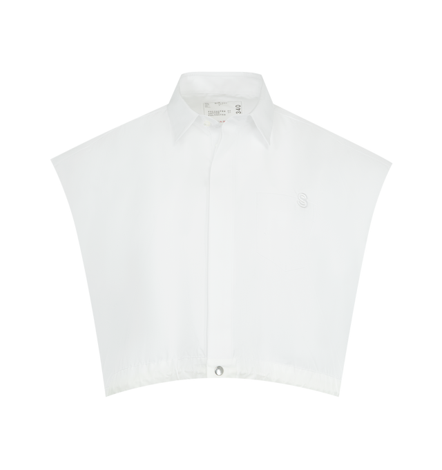 Image 1 of 2 - WHITE - SACAI Cotton Poplin Shirt featuring collared neck, concealed button front closure, boxy fit, sleeveless, snap button at waist and bungee drawcord at waist. Cotton. Made in Japan.