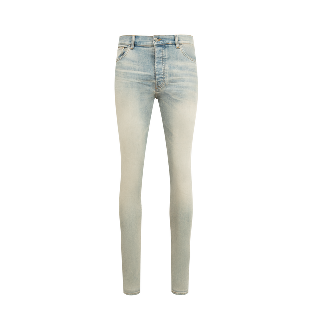 Image 1 of 3 - BLUE - AMIRI Stack Jeans featuring regular rise, five-pocket style, full length, fitted through skinny legs, button and zip fly and belt loops. Polyester/elastane. Made in USA.