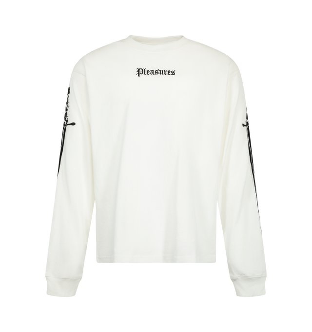 Image 1 of 3 - WHITE - Pleasures Men's Luster Heavyweight Long Sleeve T-Shirt is crafted from cotton and features a minimalist logo graphic at the center chest. Designed with a classic crewneck silhouette, the style is detailed with contrasting graphic prints along both sleeves and finished with rib-knit cuffs. Main Material: Cotton