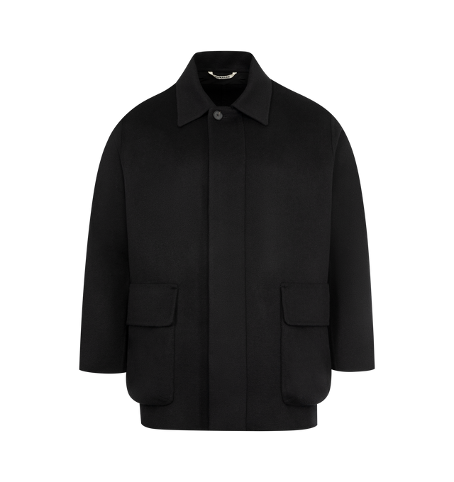 Image 2 of 4 - BLACK - AURALEE Cashmere Melton Hand Sewn Blouson featuring concealed button front closure, button cuffs, contrast collar and front flap patch pockets. 100% cashmere.