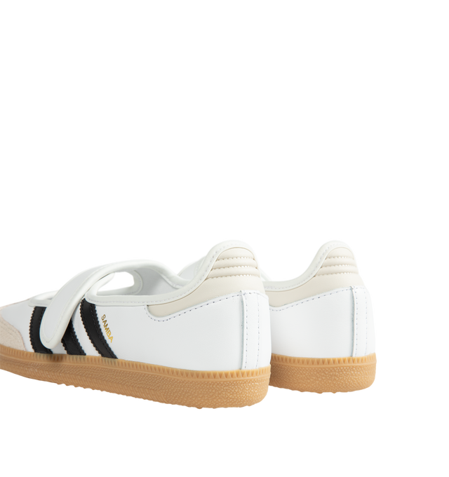 Image 3 of 5 - WHITE - Adidas Women's Samba Jane Shoes are crafted from smooth leather and feature a modern Mary Jane-inspired interpretation of the iconic Samba silhouette. Designed with signature serrated 3-Stripes, a low-profile shape, satin lining, and a gum rubber outsole, this style blends the heritage of the original indoor trainer with a contemporary everyday aesthetic.