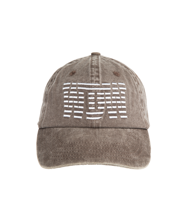 Image 1 of 2 - BROWN - WHO DECIDES WAR Link Cap featuring fading throughout, graphic embroidered at face, embroidered eyelets at crown, curved brim, adjustable cinch strap at back face and logo-engraved antiqued gold-tone hardware. 100% cotton. Made in China. 