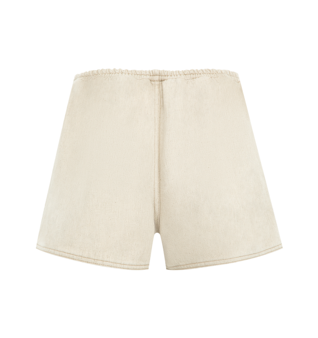 Image 2 of 3 - NEUTRAL - JACQUEMUS Amelo de-Nmes Denim Shorts featuring denim pleated shorts, mid rise, hemp denim, embroidered patch on the front waistband, stitched pleats, faux fly, embroidered J on the leg, integrated tied belt in the back and elasticated waistband in the back. 80% cotton, 20% hemp. Lining: 65% polyester, 35% cotton. Made in Italy.