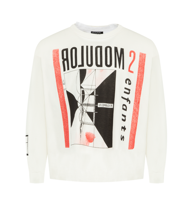 Image 1 of 3 - WHITE - ENFANTS RICHES DEPRIMES Modular Ls T-Shirt featuring heavy weight cotton jersey, boxy cropped fit, rib knit neckline cuffs, single stitch waist hem and graphic print on front, back and sleeves. 100% cotton.