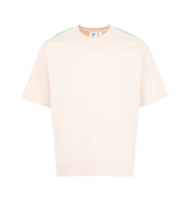 Image 1 of 2 - WHITE - Adidas x Wales Bonner Logo Striped Tee featuring crewneck, pullover style, short sleeves with logo striped detailing and chest embroidered logo. 100% cotton.