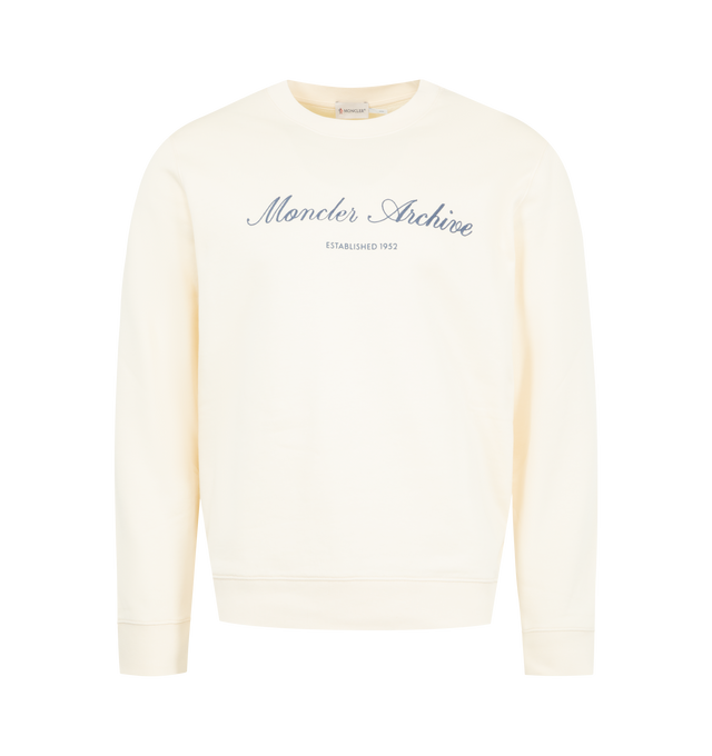 Image 1 of 3 - WHITE - MONCLER Cotton Blend Logo Sweatshirt featuring cotton and nylon blend fleece, crew neck, ribbed trims and embroidered and printed logos. 87% cotton, 13% polyamide/nylon. Made in Turkey.