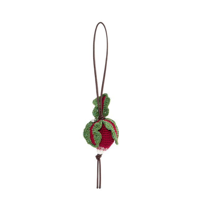 Image 1 of 2 - RED - JW ANDERSON Radish Charm featuring radish shape, strap at top, branded medallion, all-over hand-crocheted, padded and leather trims. 7cm x 5cm. 100% cotton.