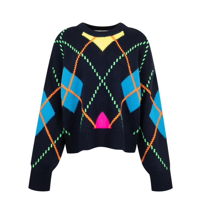 Image 1 of 2 - MULTI - Mira Mikati Women's Argyle Jumper is crafted from wool and features an argyle-inspired knit pattern influenced by the graphic layouts of board games. Designed in the brand's signature vibrant color palette, this sweater is finished with an embroidered rainbow logo and a classic knit construction for everyday wear. Main Material: 100% Wool.