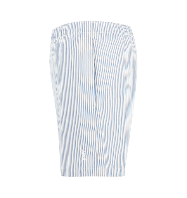 Image 3 of 3 - BLUE - Saint Laurent Mens Shorts are crafted from cotton poplin. Feature a relaxed wide-leg silhouette, elasticized waistband, embroidered Saint Laurent logo, striped pattern, and visible stitched hem. Main Material: 100% Cotton. Made in Italy.