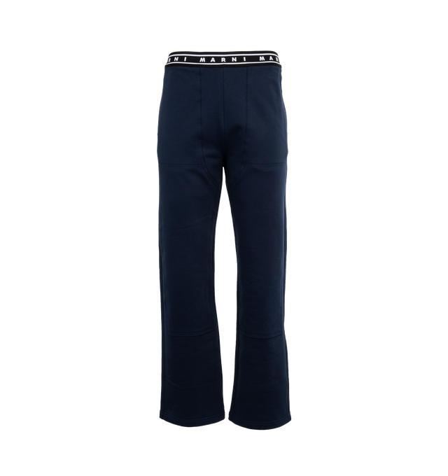 Image 1 of 5 - BLUE - MARNI Logo Waistband Trousers featuring cigarette trousers, frontal closure, side slit pockets and back welt pockets. 100% cotton. Made in Italy. 
